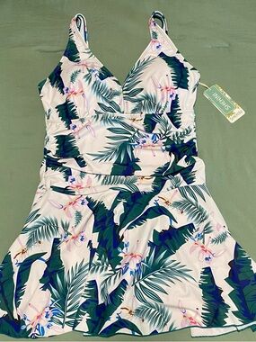 Floral Leaf Print Swim Skirt - White with Green & Navy